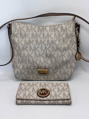 Michael Kors Beige Signature Logo Crossbody Bag  Wallet Set